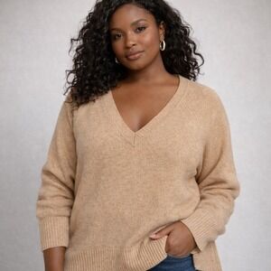 J.Crew Tan Merino Wool Alpaca Blend V-Neck Oversized Sweater Soft Cozy